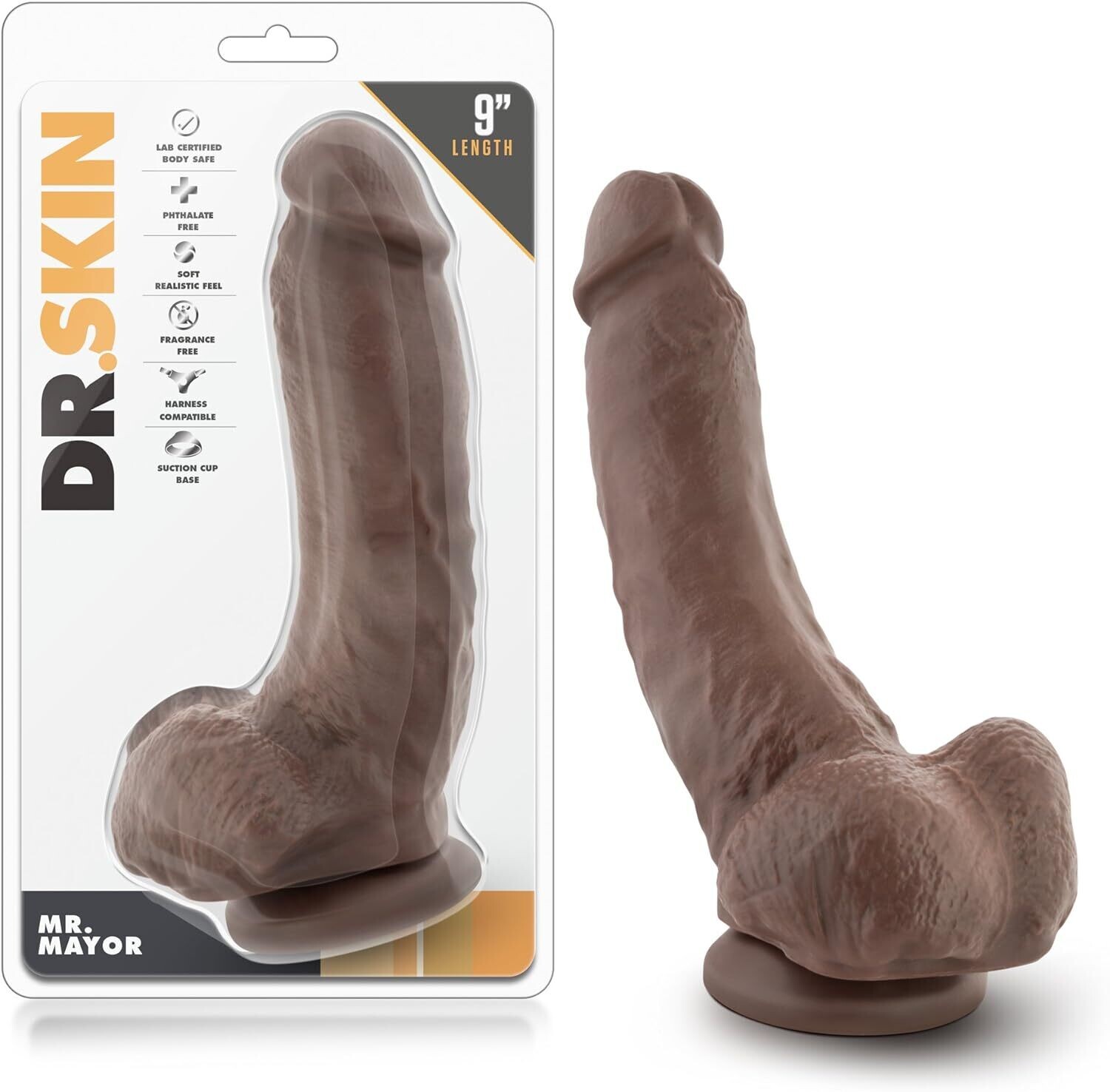 DR SKIN MR MAYOR 9&quot; DILDO W/ SUCTION CUP CHOCOLATE