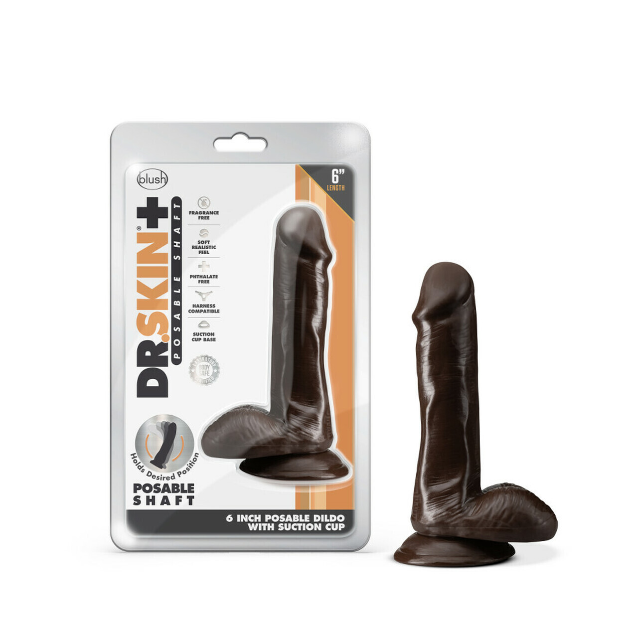 DR SKIN PLUS 6IN POSEABLE DILDO W/BALLS CHOCOLATE 