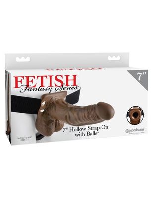 FETISH FANTASY 7" HOLLOW STRAP ON W/BALLS BROWN