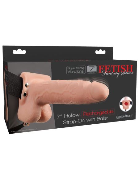 FETISH FANTASY 7IN HOLLOW RECHARGEABLE STRAP-ON W/ BALLS