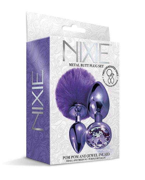 NIXIE METAL BUTT PLUG SET POM POM &amp; JEWEL PURPLE METALLIC