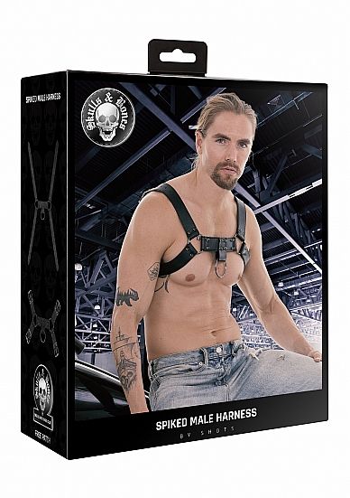 OUCH! SKULLS &amp; BONES MALE HARNESS W/ SPIKES BLACK