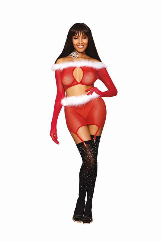 SANTA BABY SEAMLESS FISHNET 2PC GARTER SET RUBY O/S