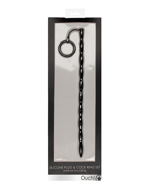 SILICONE PLUG &amp; COCK RING SET URETHRAL SOUNDING BLACK
