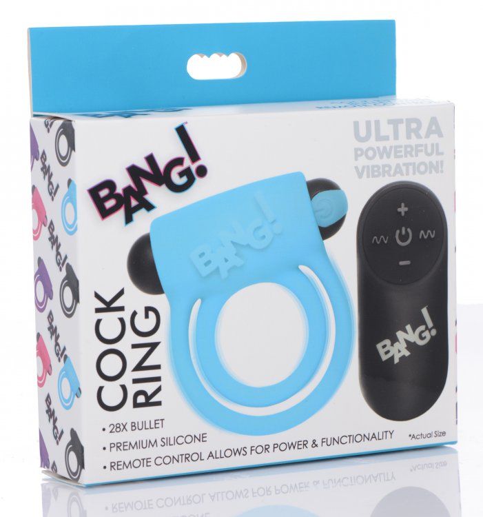 Bang! Silicone Rechargeable Cock Ring and Bullet with Remote Control - Blue