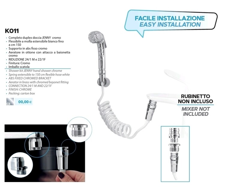 WTECH KIT DOCCIA DUPLEX MOD. JENNY CROMATA CON FLESSIBILE A MOLLA ESTENSIBILE CM.150 BIANCO