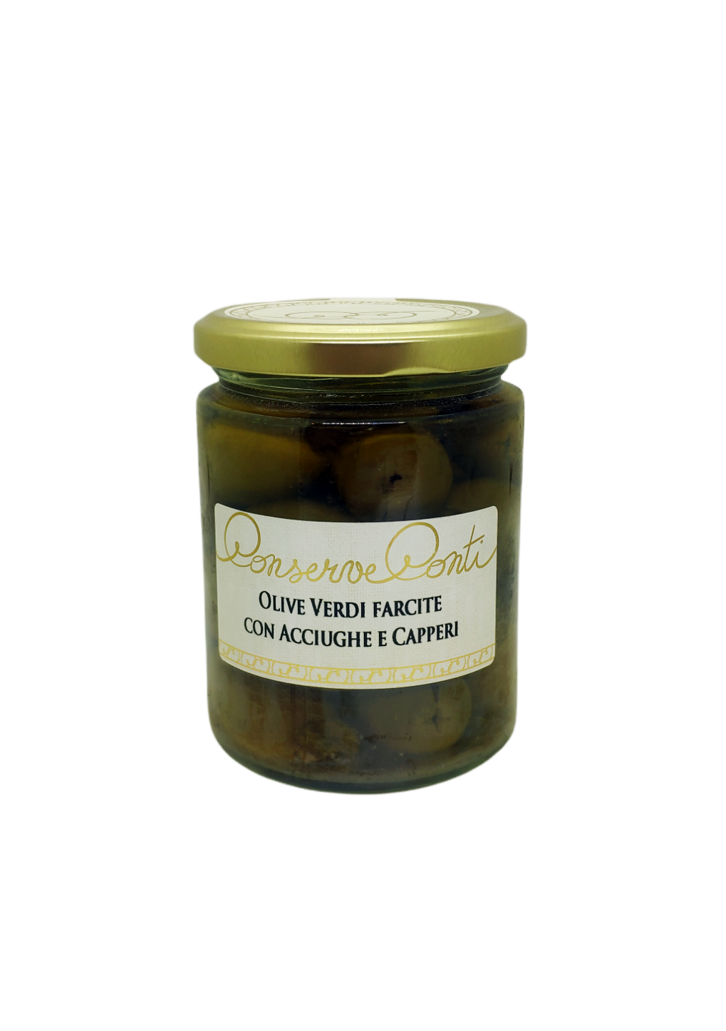 Olive verdi farcite con acciughe e capperi - Conserve Conti