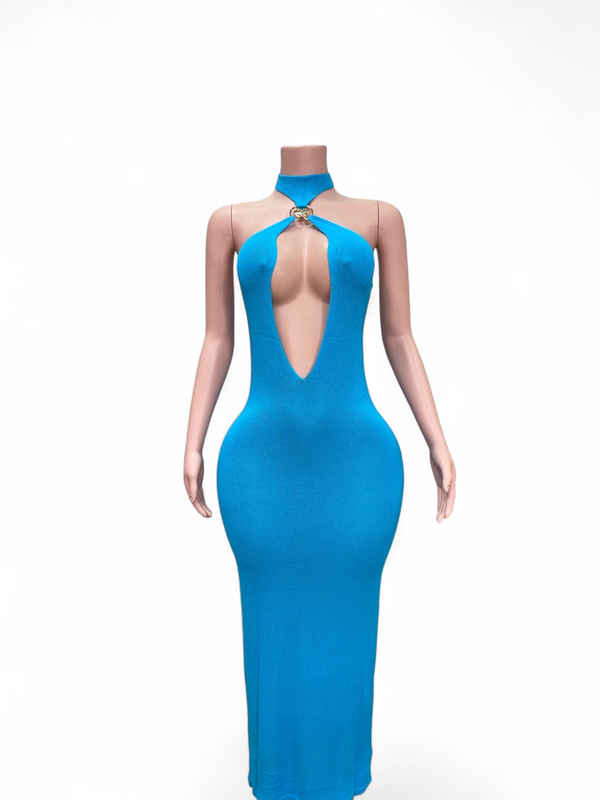 Plunge Neck Maxi Dress- Blue
