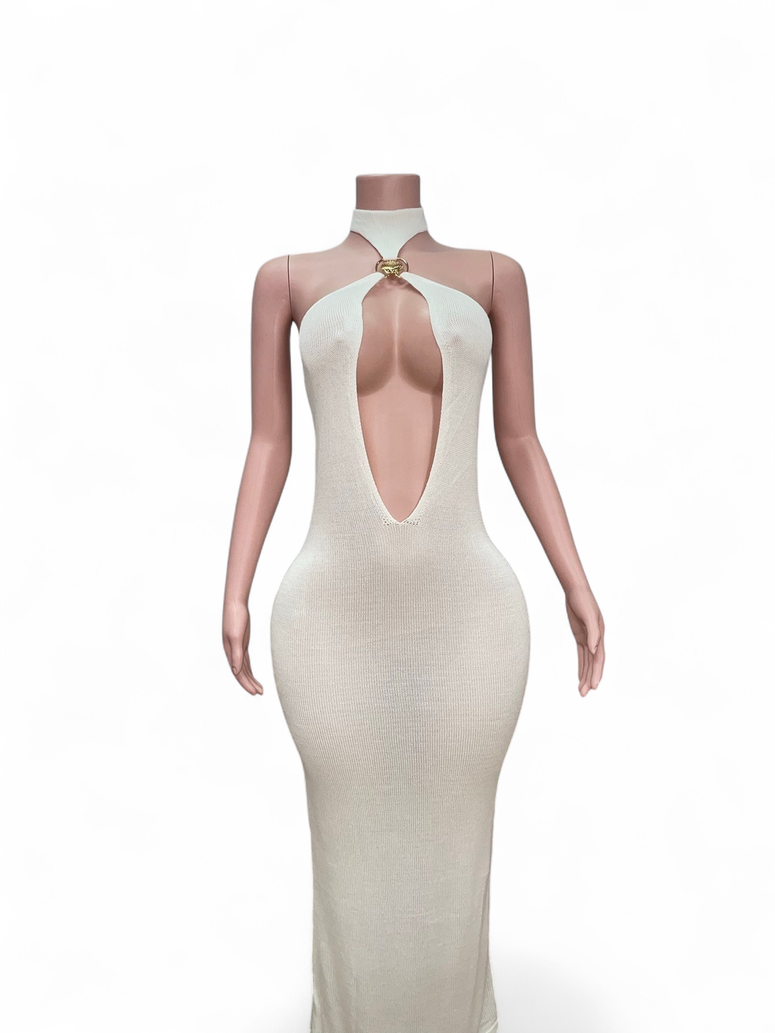 Plunge Neck Maxi Dress-white