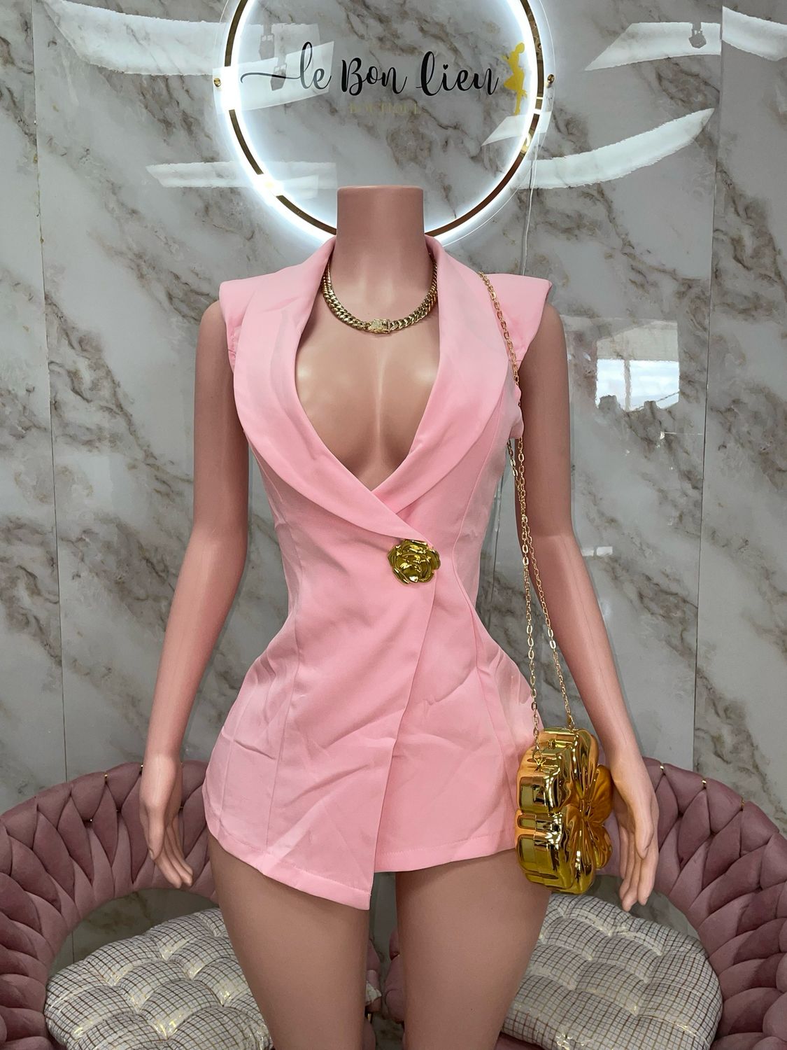 Metal Rose Pink V Neck Dress
