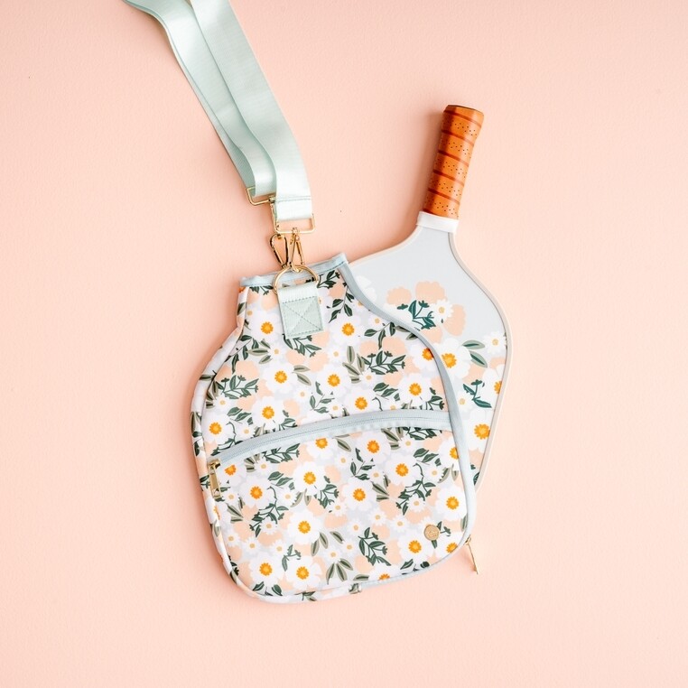 Pickleball Paddle Cover - Floral, Pattern: Light Pink with White Flowers