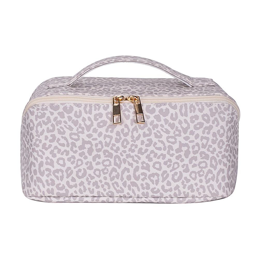 Full Zip Cosmetic Bag, Pattern: Light Grey Leopard