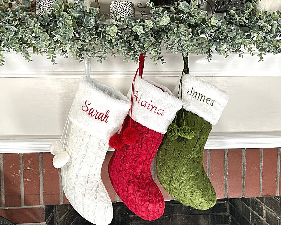 Christmas Stocking - Cable Knit with Pom Poms, Stocking Color: Red