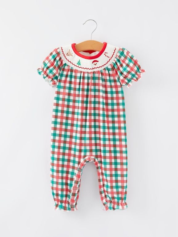 Childrens Green+Red Smocked Romper, Size: 3 Month