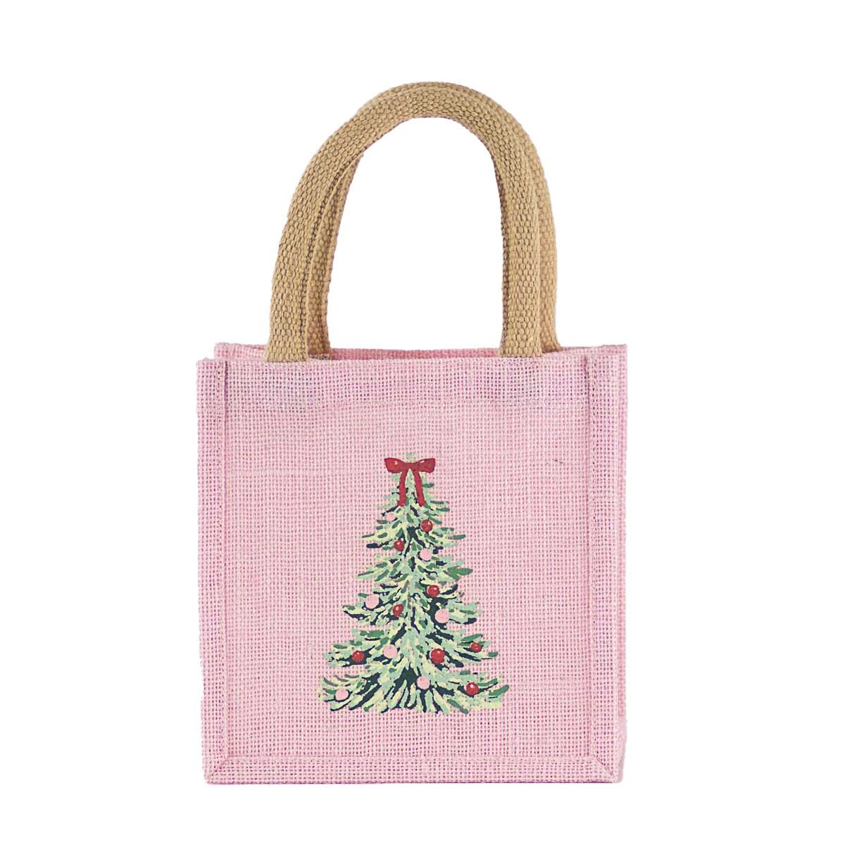 Christmas Mini Gift Tote - Pink with Christmas Tree