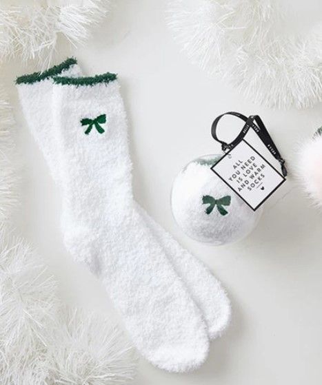 Christmas Cozy Socks, Socks Color: White with Green Bow