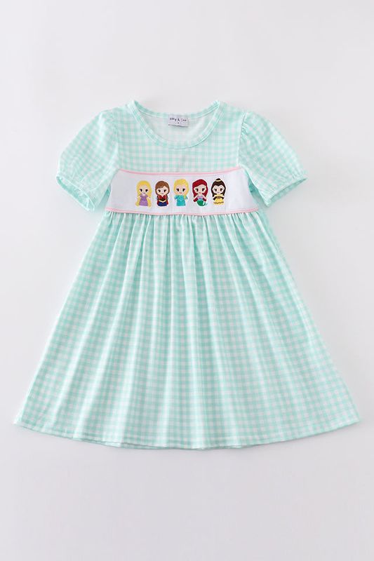 Children's Blue Princess Embroidery Girl Gingham Dress