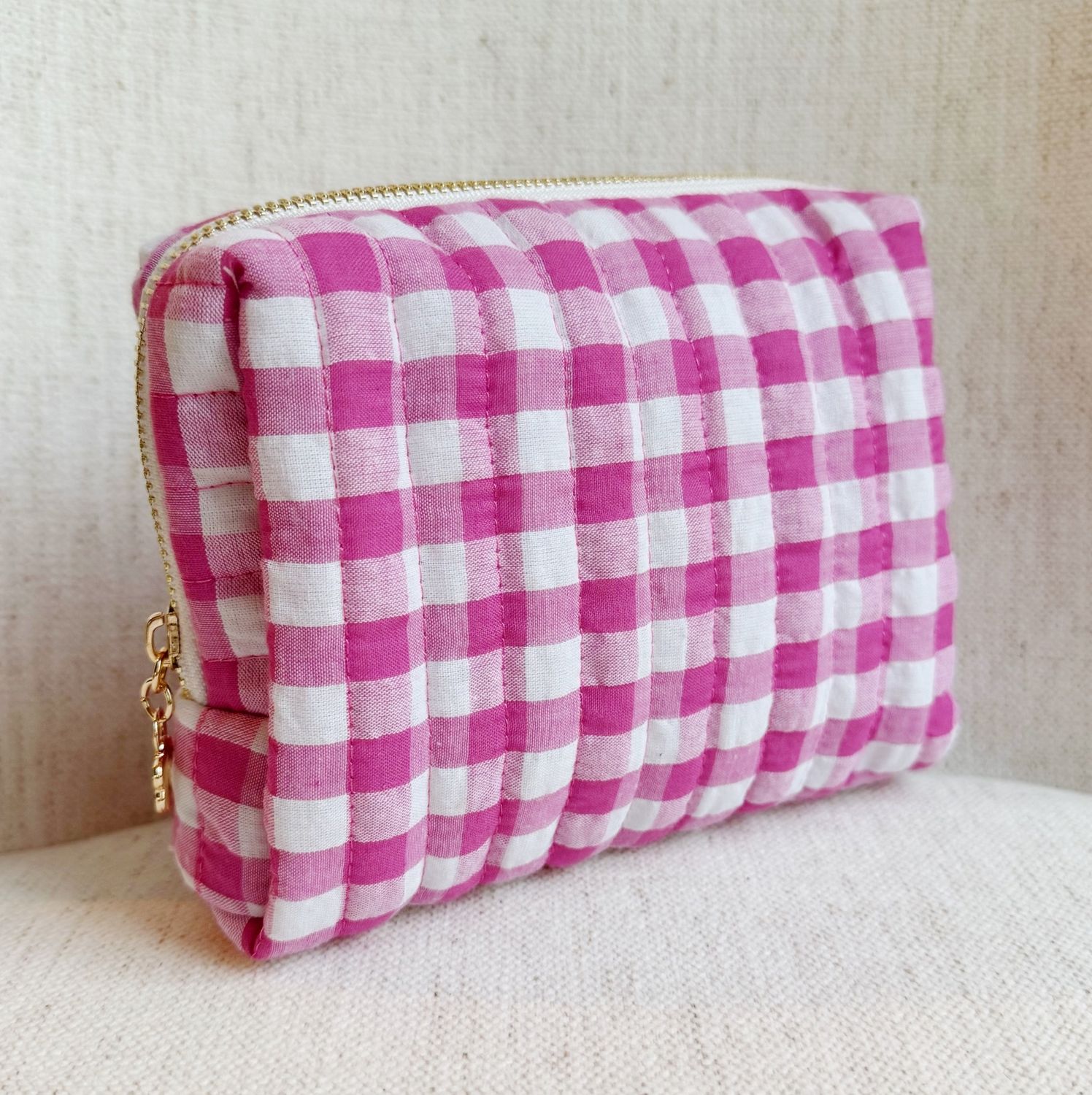 Gingham Small Cosmetic Bag, Gingham Color: Pink/White