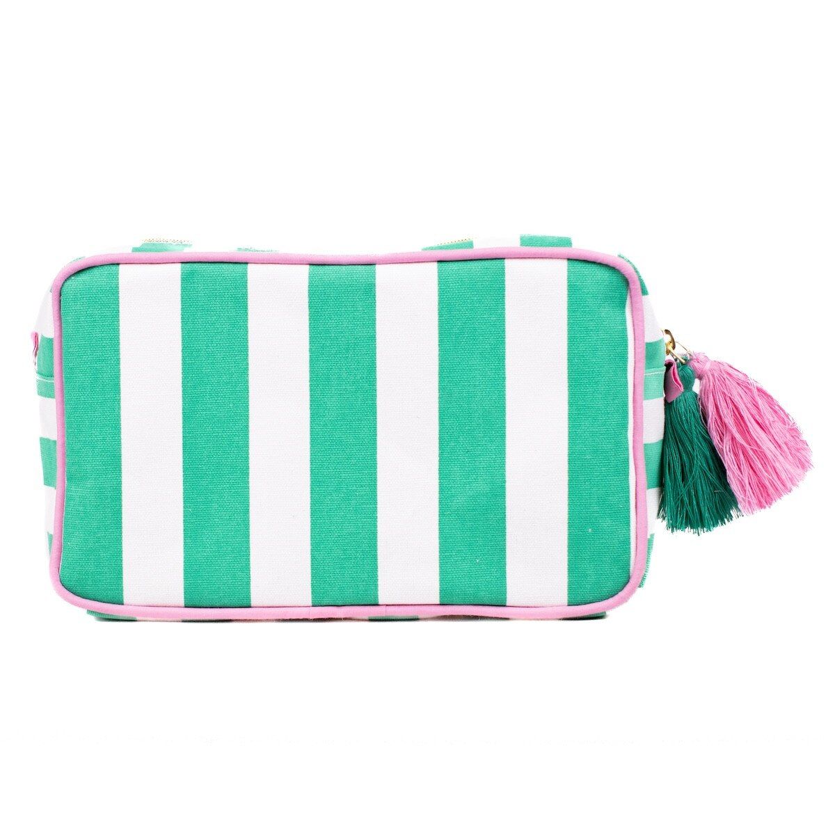 Striped Cosmetic Bag with Tassel, Striped Cosmetic Colors: Green with Pink