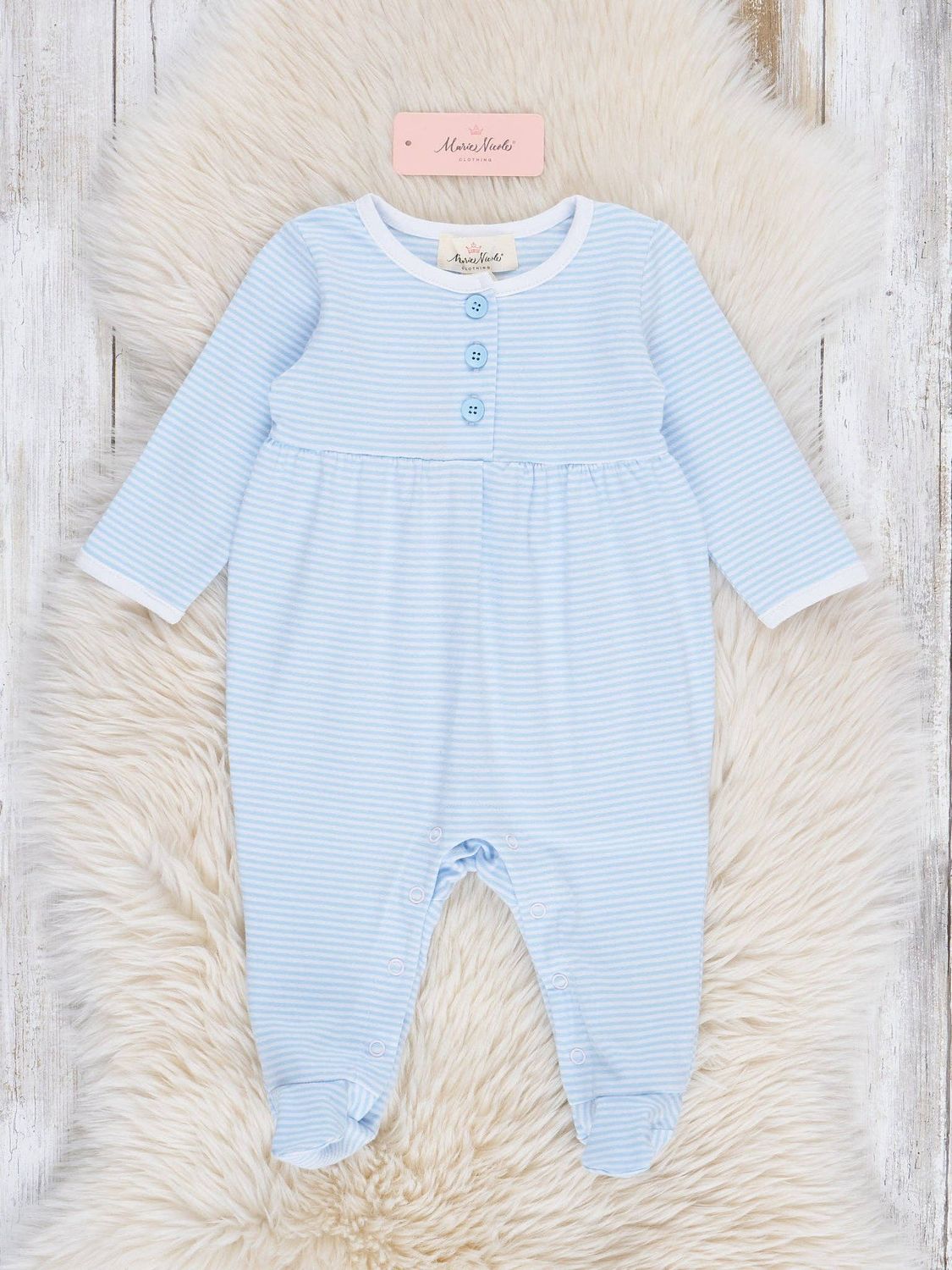 Classic Baby Blue Striped Footed Sleeper Pajamas, Size: 12/18MOS