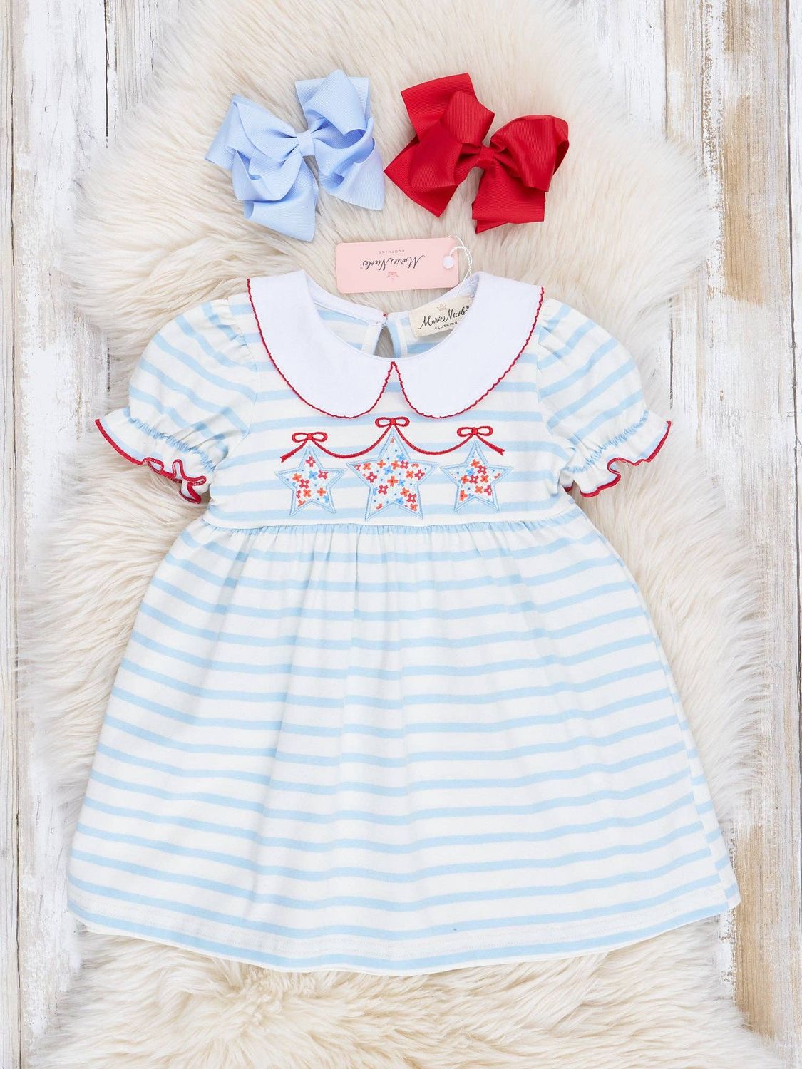 Blue & White Striped Patriotic Stars Dress, Size: XS(18/24mos)