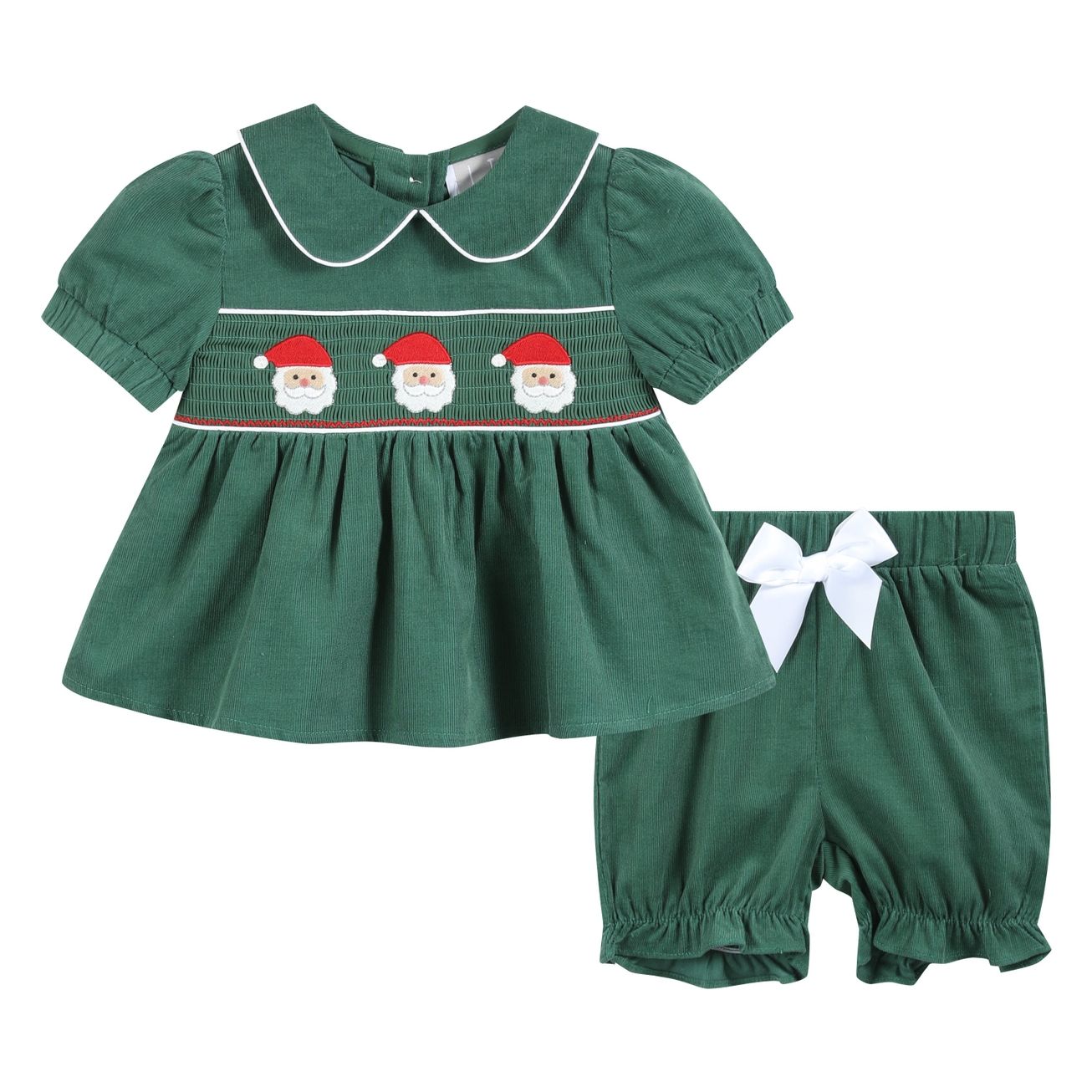 Christmas Children's Corduroy Green Santa Smocked Dress+Bloomers Christmas Children's Corduroy Green Santa Smocked Dress+Bloomers
