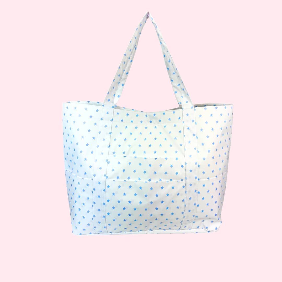 Mint Brand Large Tote Bag, Mint Brand Tote Color: White with Light Blue Stars