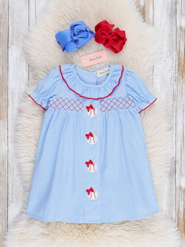 Baseball Bows Embroidered Ruffle Dress
