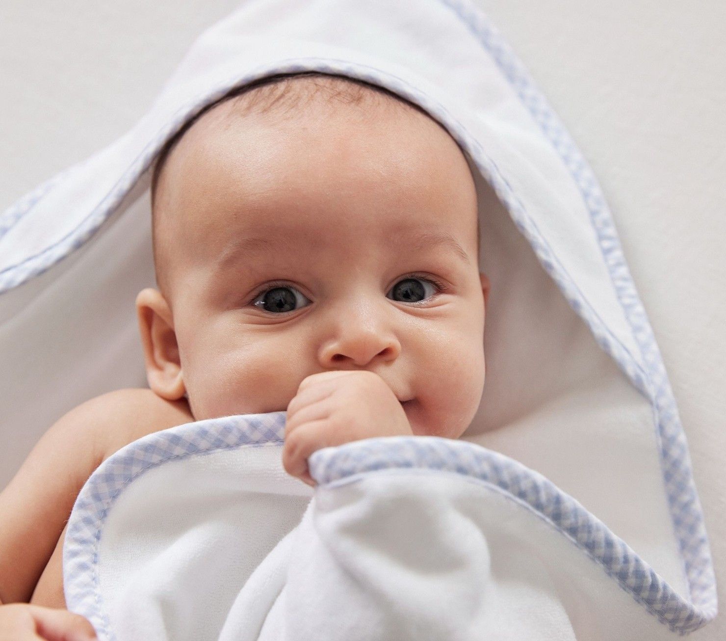 White Hooded Towel with Gingham Trim White Hooded Towel with Gingham Trim
