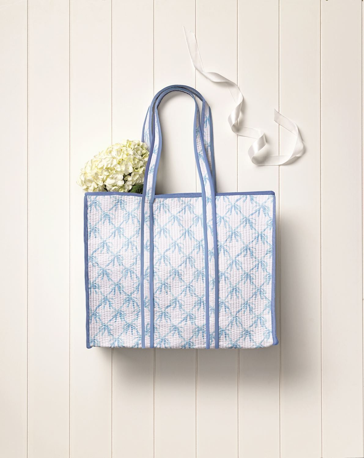 Blue and White Bow Print Tote Bag