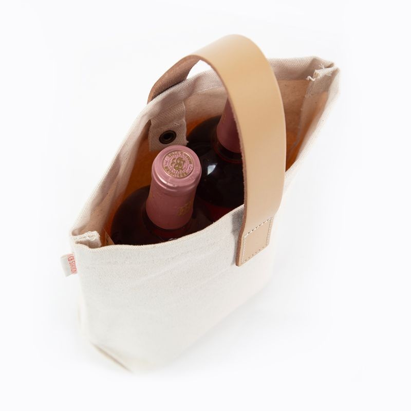 Canvas Two-Bottle Wine Carrier with Leather Strap