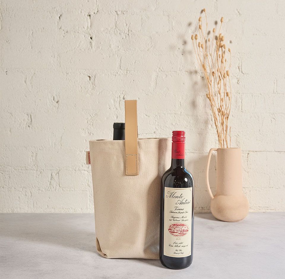 Canvas Two-Bottle Wine Carrier with Leather Strap