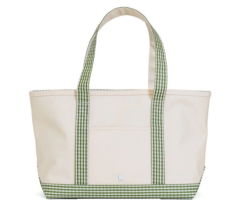TRVL Medium Tote with Gingham Trim, Trim Color: Dark Green Gingham