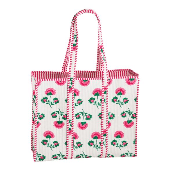 Quilted Printed Tote Bag Quilted Printed Tote Bag, Pattern: White with Green/Pink Flowers