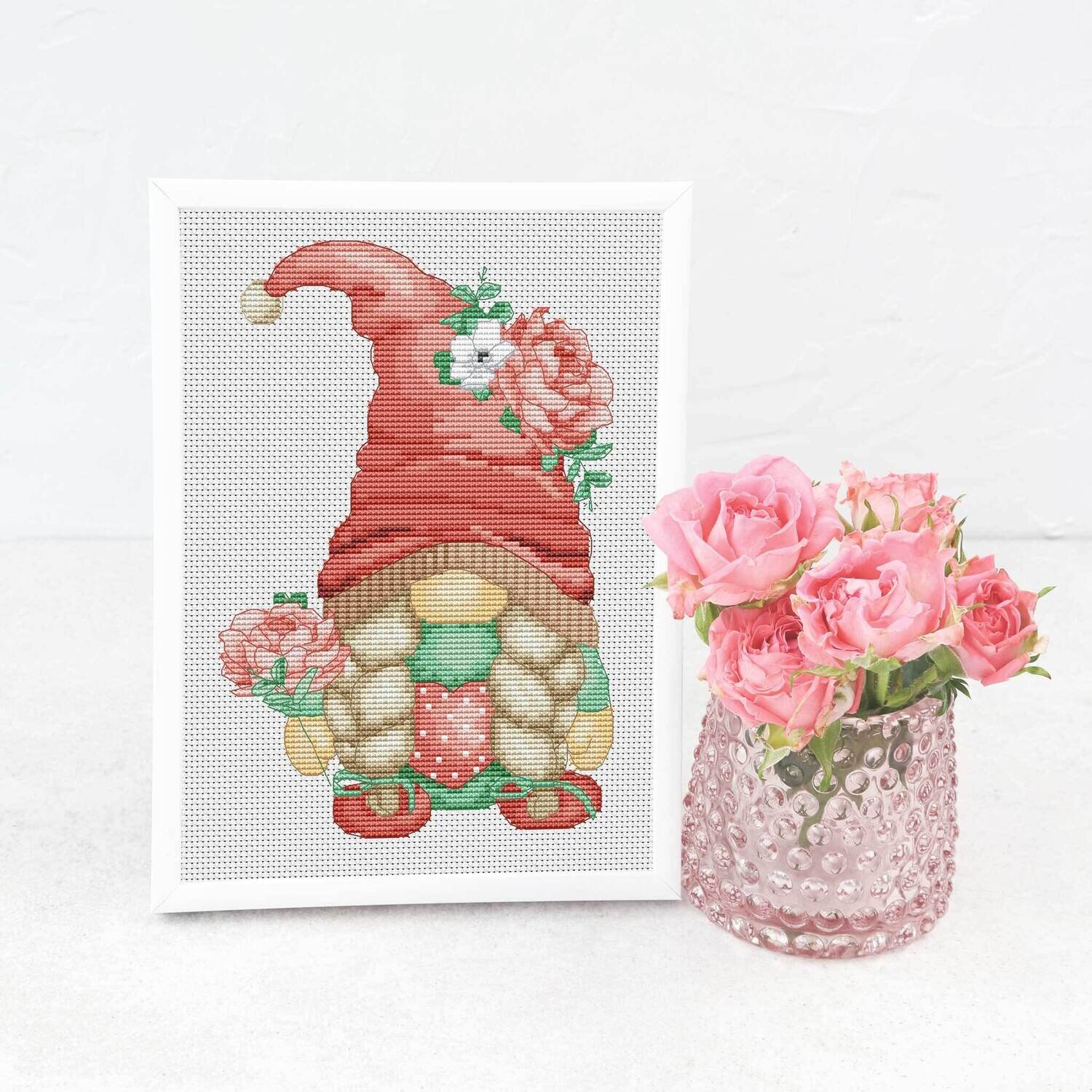 Girl with a roses, Cross stitch pattern, Gnome cross stitch, Floral cross stitch, Counted cross stitch, Spring cross stitch