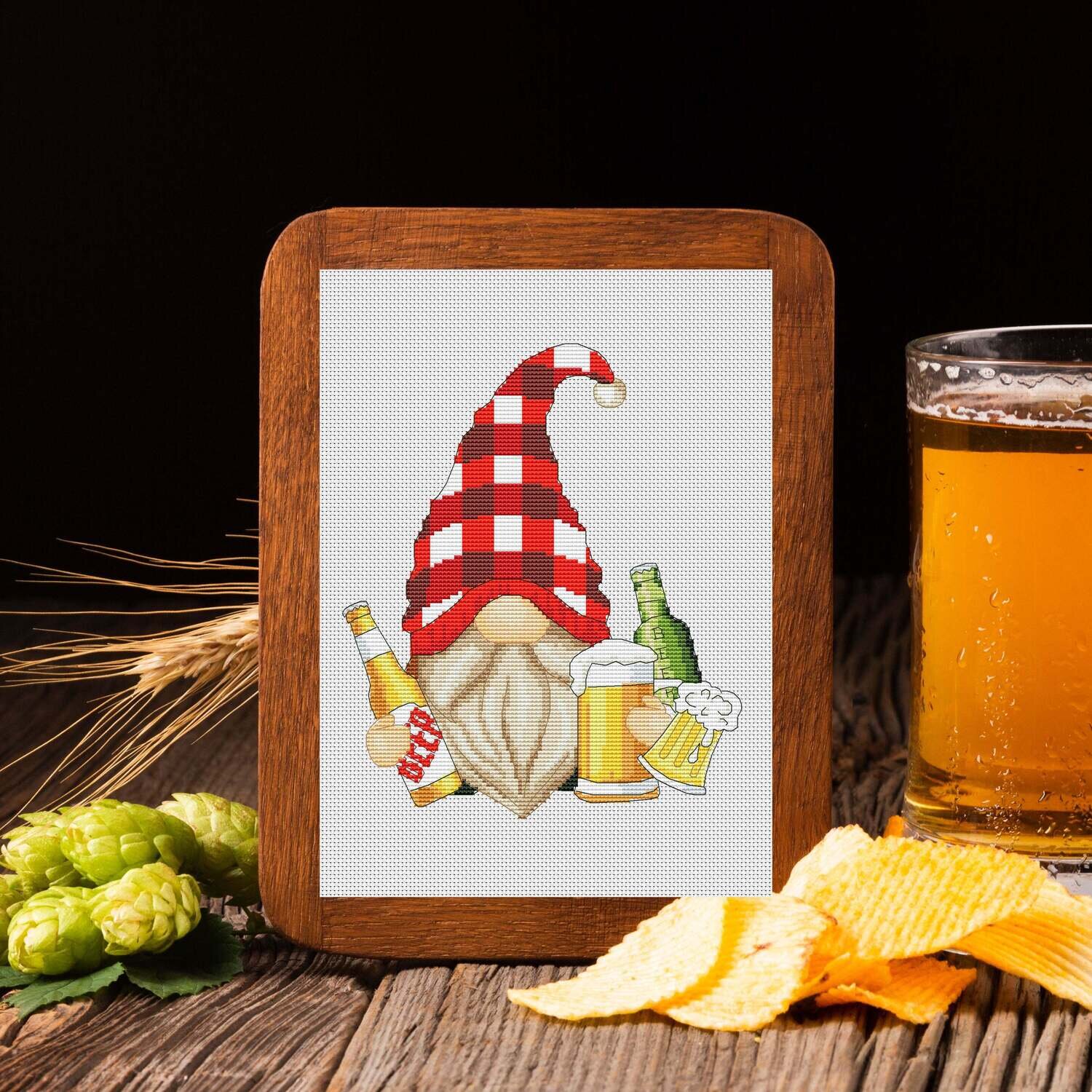 Beer gnome, Cross stitch pattern, Gnome cross stitch, Counted cross stitch