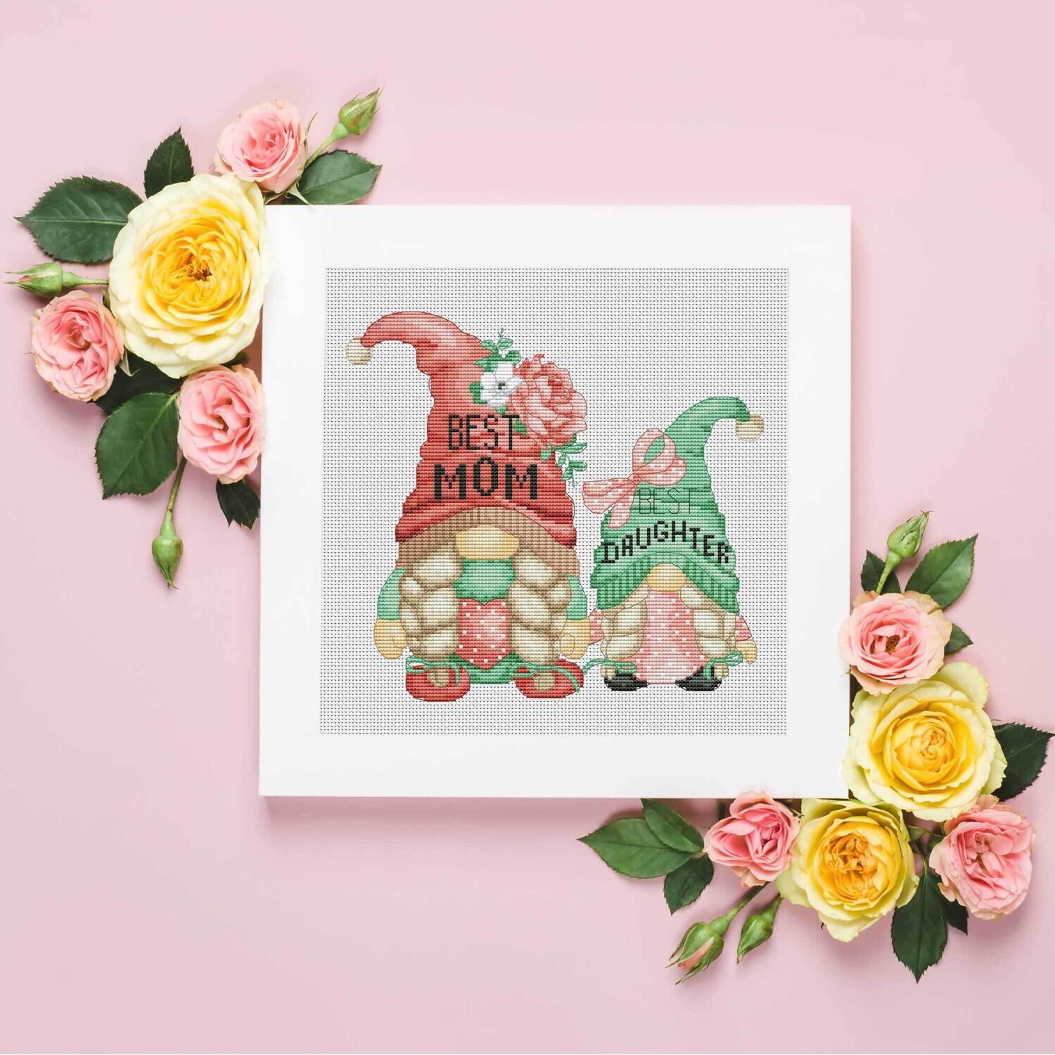 Mother and daughter, Mother's Day cross stitch, Gnome cross stitch, Floral cross stitch, Modern cross stitch