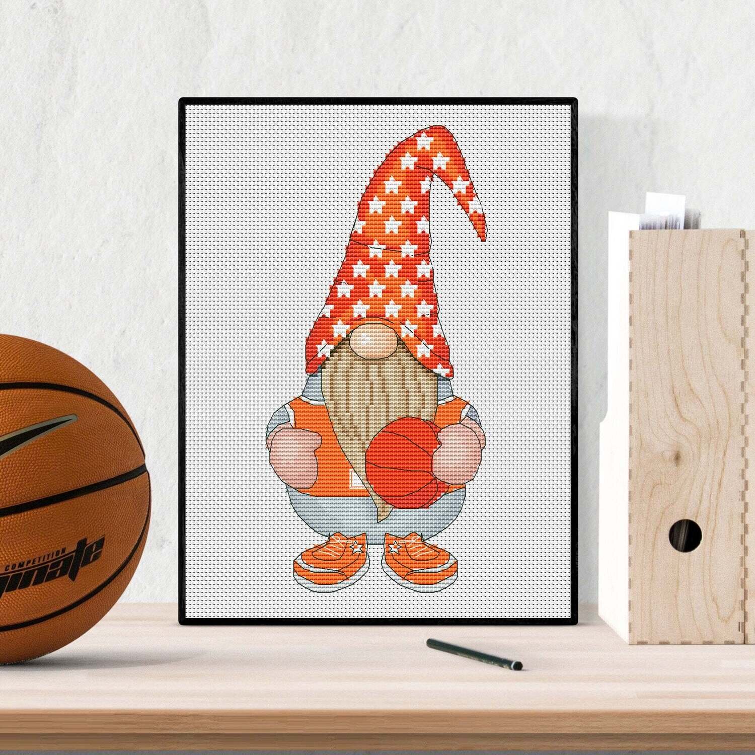 Basketball gnome, Cross stitch pattern, Gnome cross stitch, Sport cross stitch