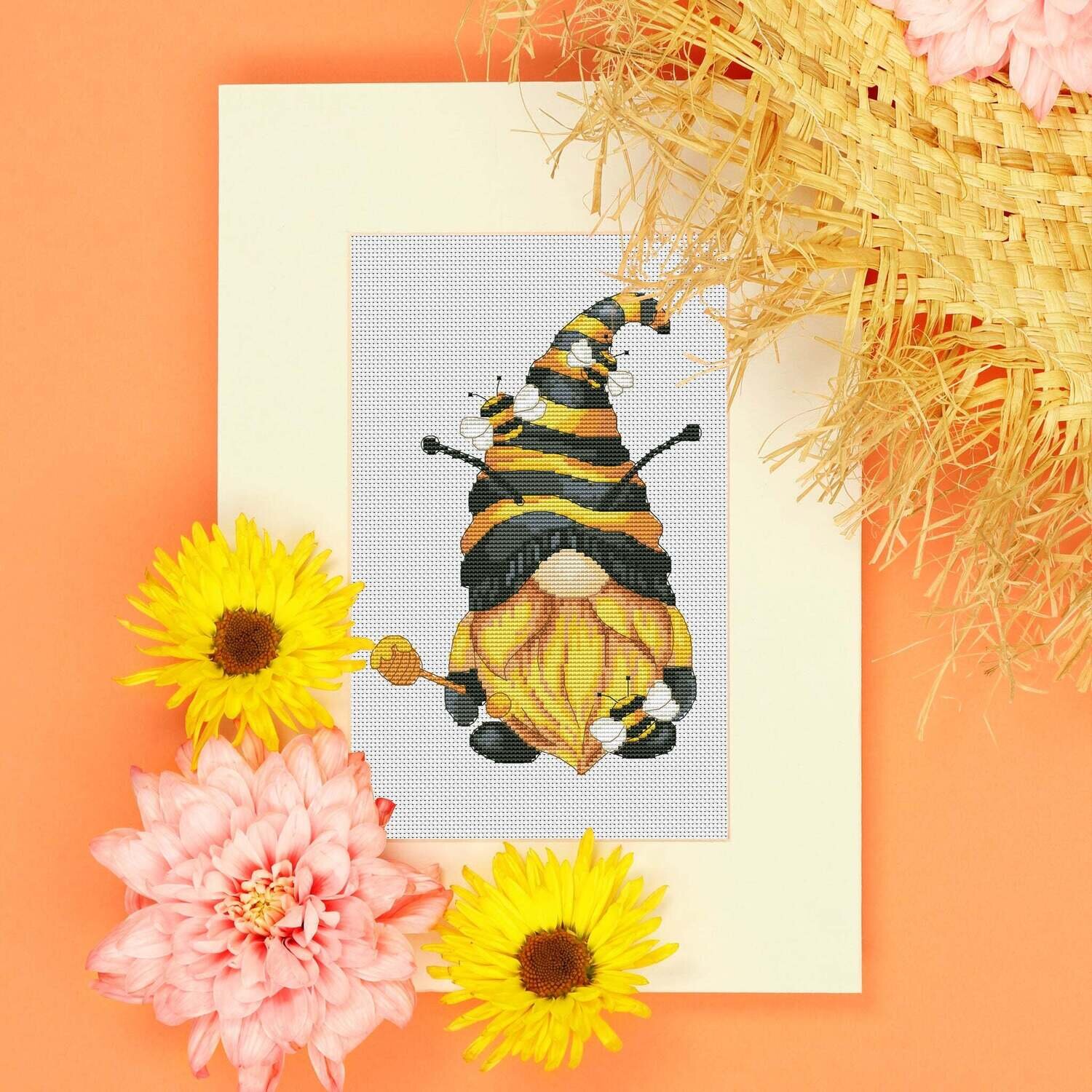 Gnome honeybee, Cross stitch pattern, Summer cross stitch, Bee cross stitch, Gnome cross stitch