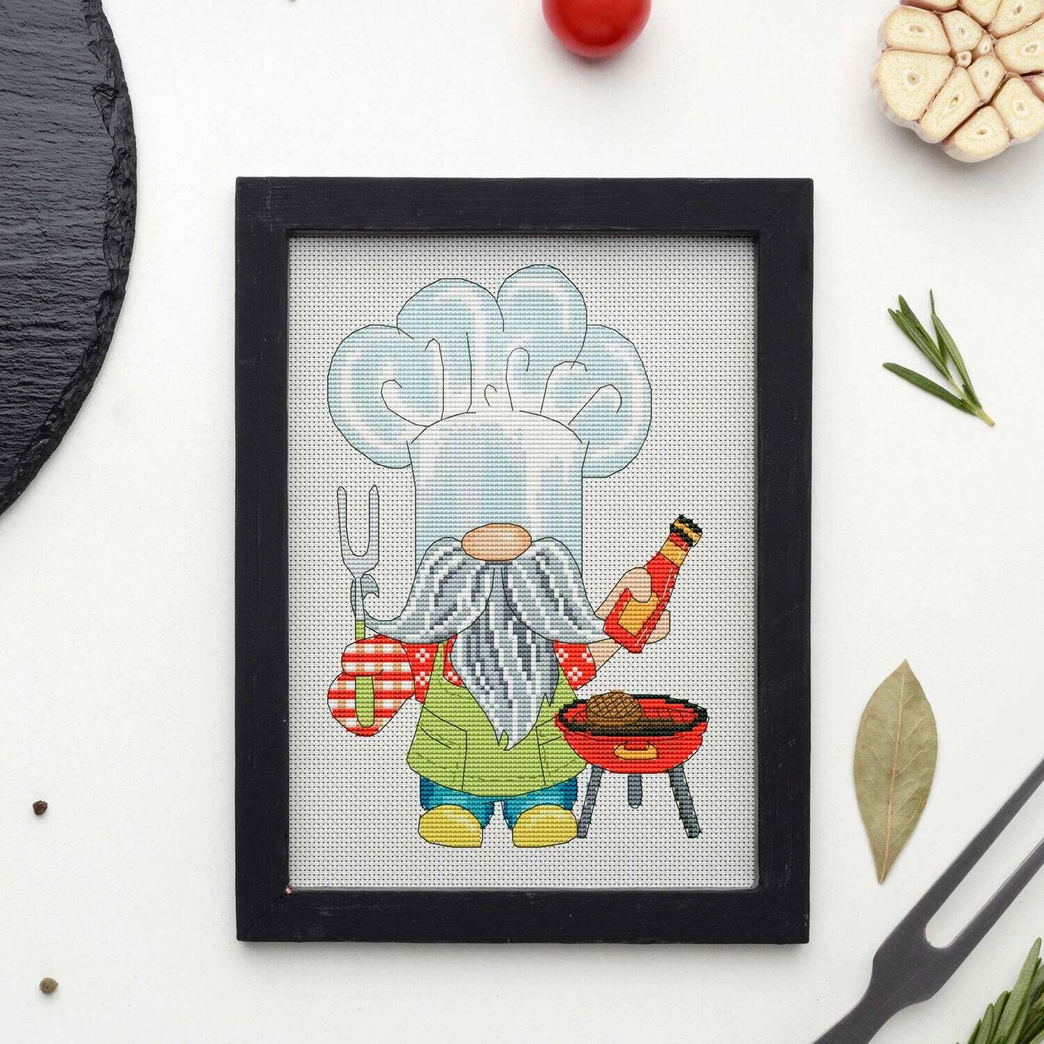 Gnome on the barbecue, Cross stitch pattern, Gnome cross stitch, Weekend cross stitch