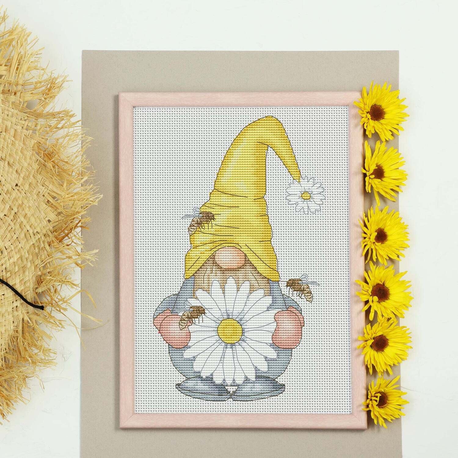 Gnome with chamomile, Cross stitch pattern, Gnome cross stitch, Summer cross stitch