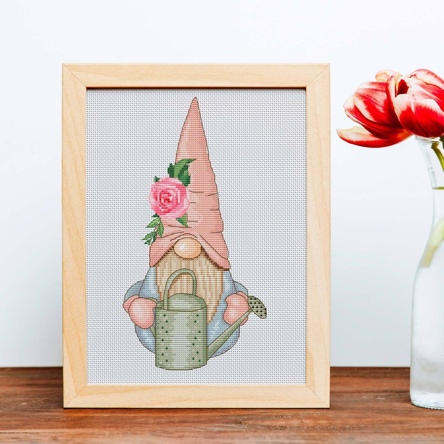 Spring gnome with watering can, Cross stitch pattern, Gnome cross stitch, Modern cross stitch