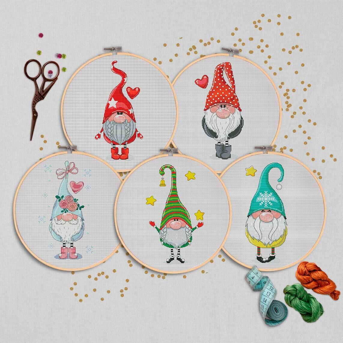 Set of 5 Christmas stitch, Gnome cross stitch patterns, Christmas cross stitch