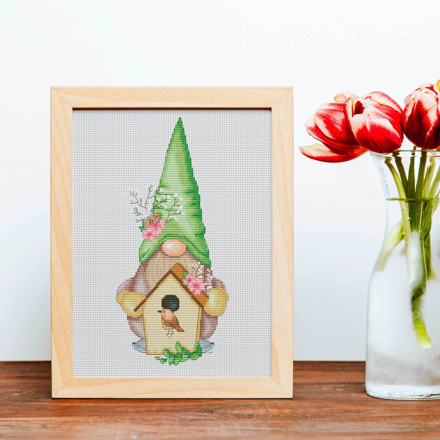 Gnome with birdhouse, Cross stitch pattern, Gnome cross stitch, Modern cross stitch
