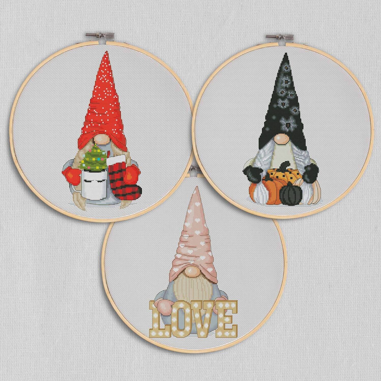 Set of 3 gnomes cross stitch pattern, Gnome set, Counted cross stitch, Halloween xstitch, Valentine's day, Christmas cross stitch
