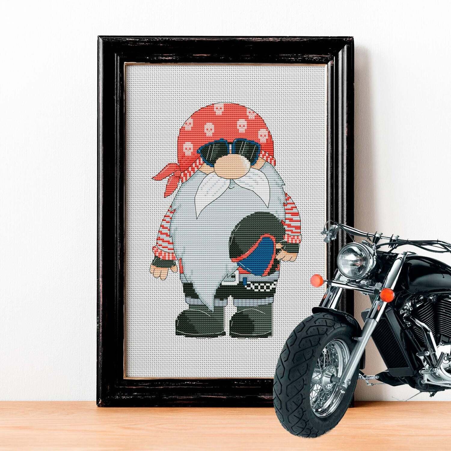Biker, Gnome cross stitch, Man cross stitch, Cross stitch pattern