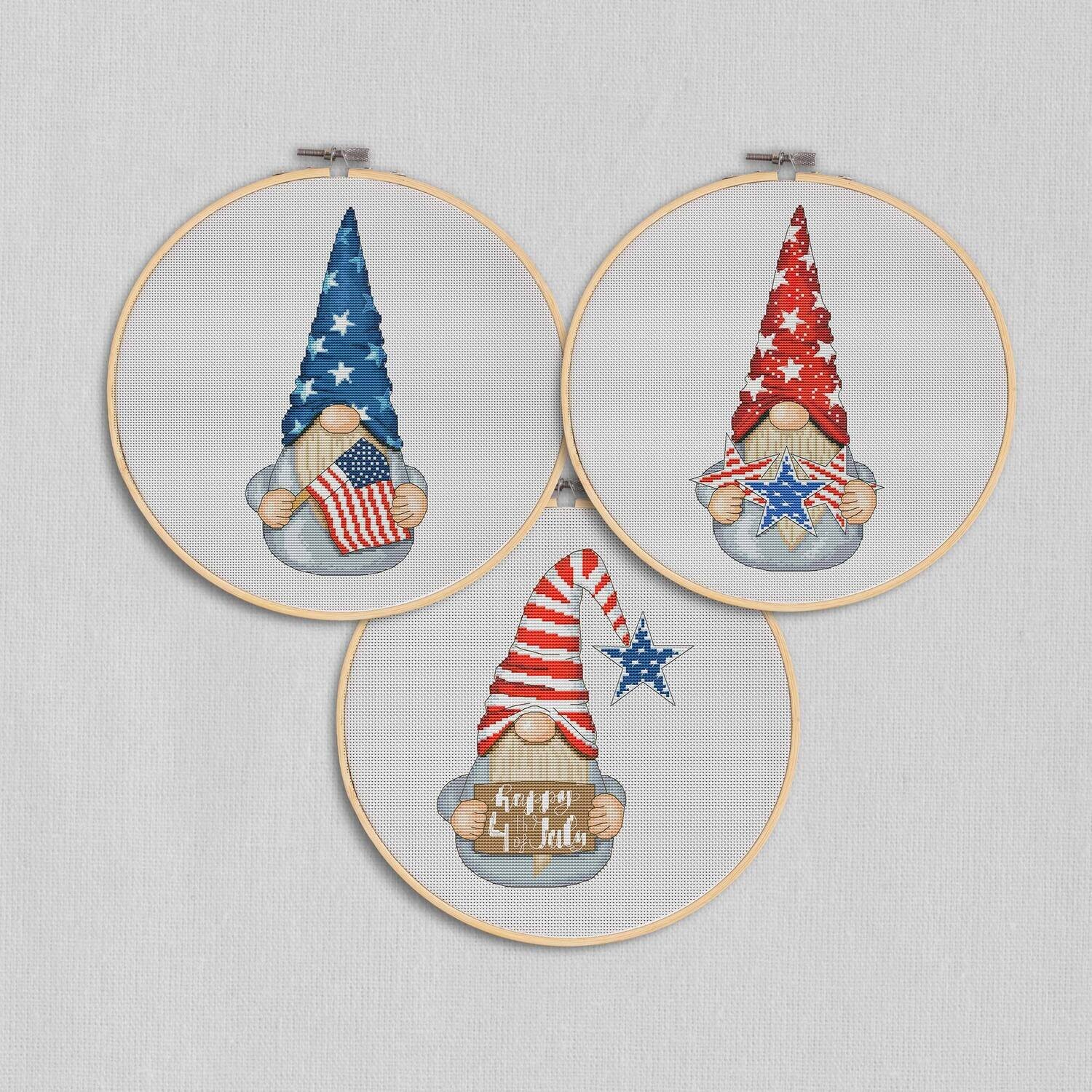 Set of 3 patriotic gnomes, Modern cross stitch, Holiday gnome, Cross stitch pattern