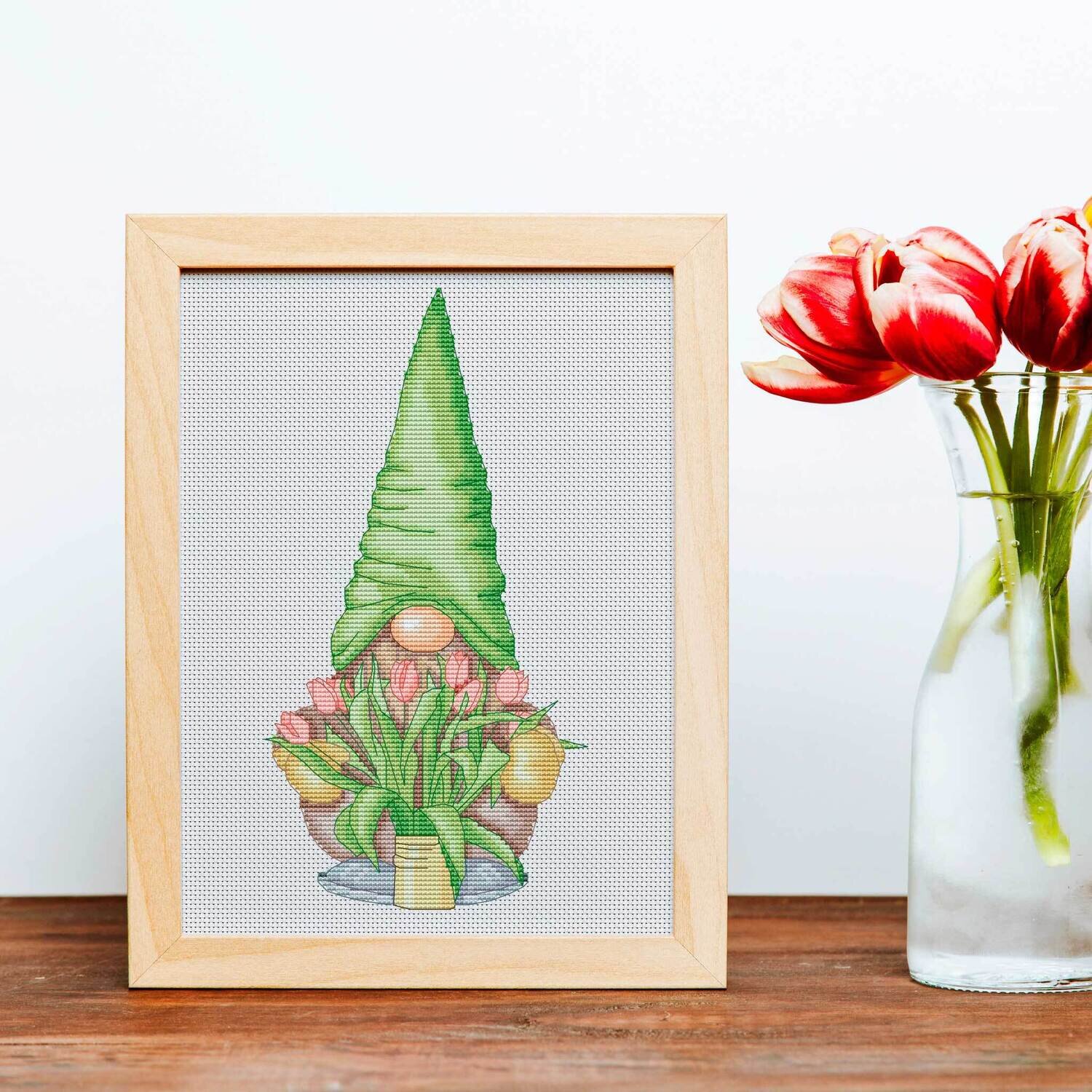 Gnome with tulips, Cross stitch pattern, Gnome cross stitch, Spring cross stitch, Modern cross stitch, Cross stitch pdf