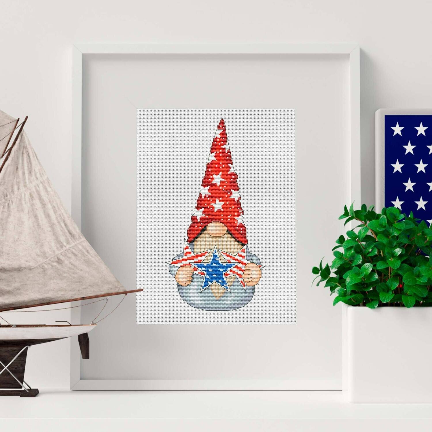 Patriotic gnome, Cross stitch pattern, DIY Independence Day, Modern cross stitch