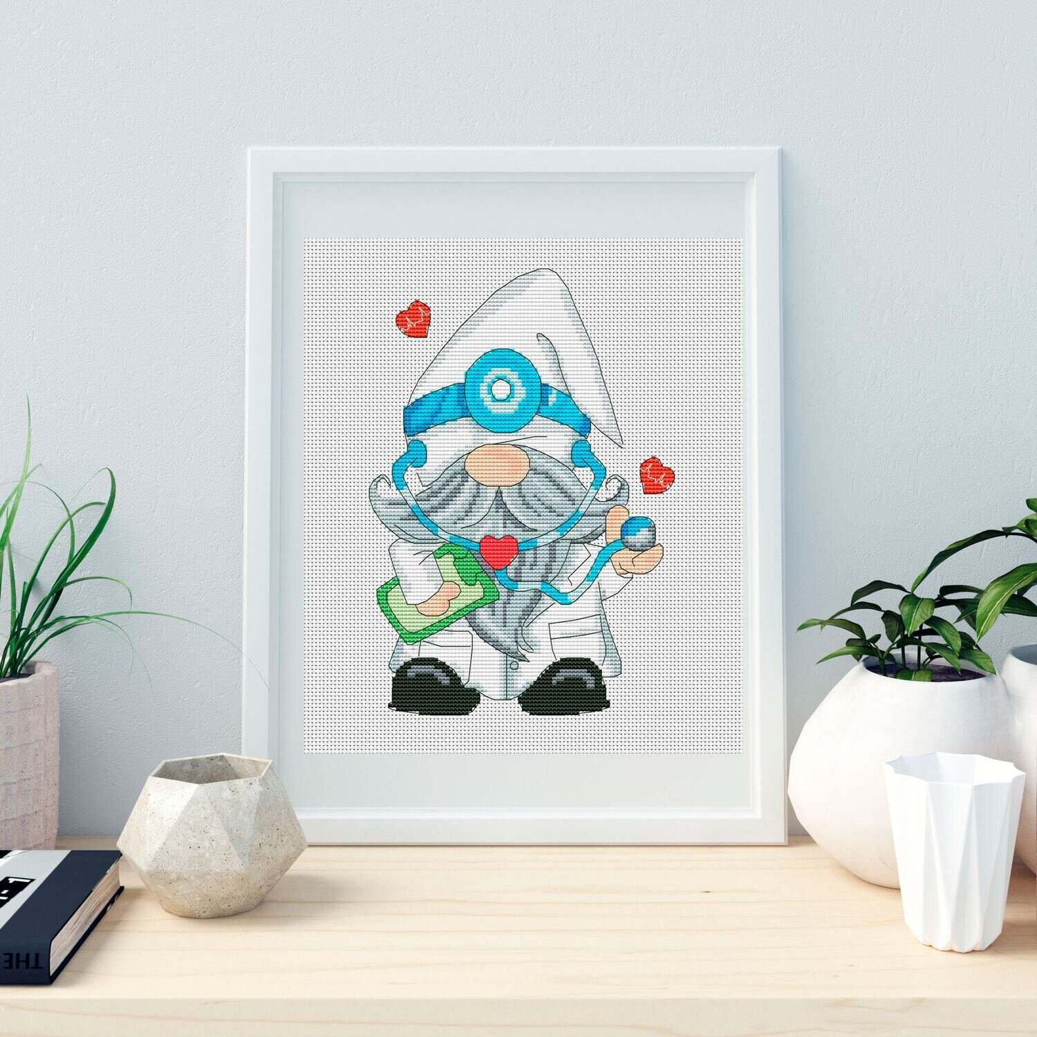 Doctor gnome cross stitch pattern, medical cross stitch, healthcare cross stitch, counted cross stitch
